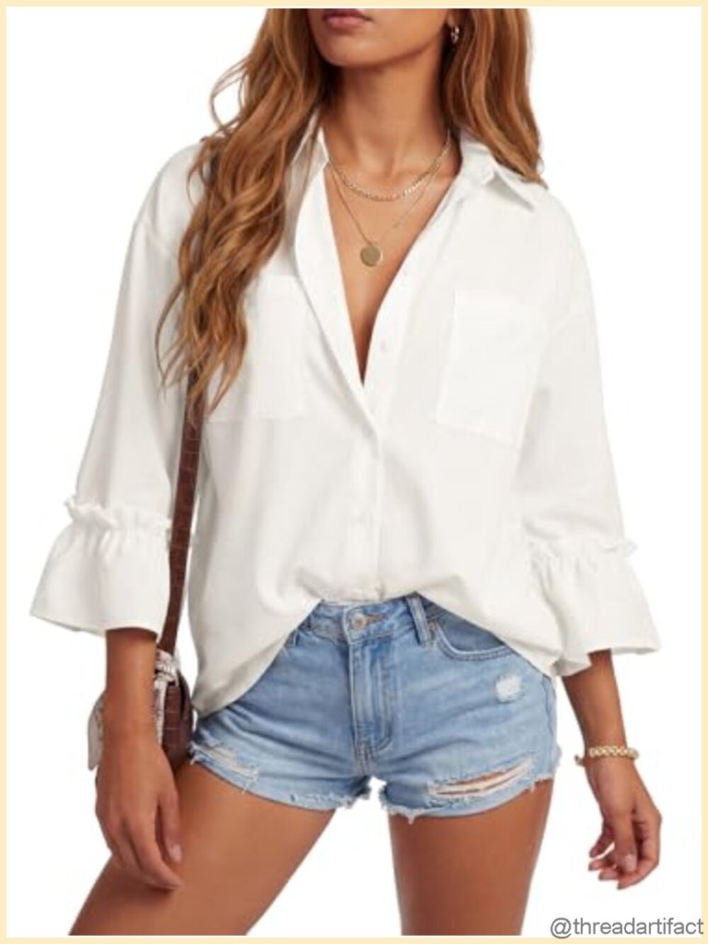 Rooscier 3/4 Ruffle Bell Sleeve Button Down Blouse with Pockets